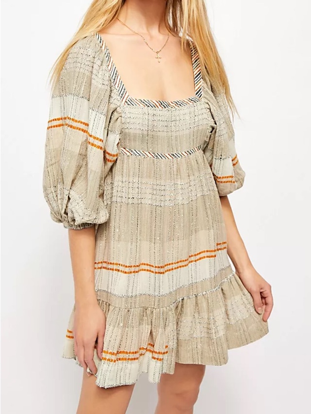 Free People All Lined Up Mini Dress Beige Balloon Sleeves Square Neck Large